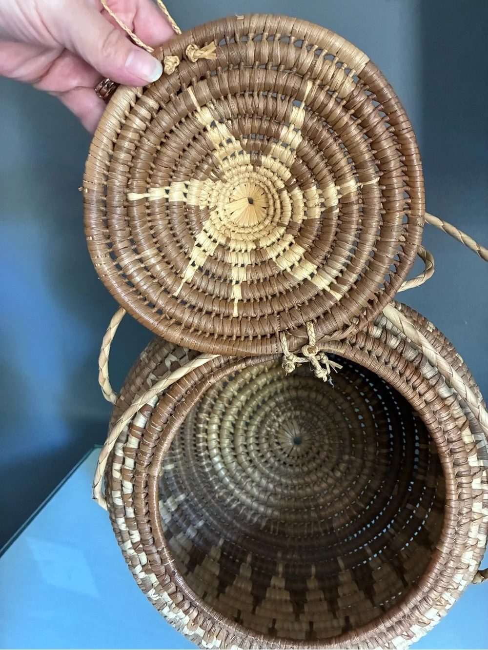 Handmade Lidded African Coiled Basket with Handles Natural Woven Storage Basket